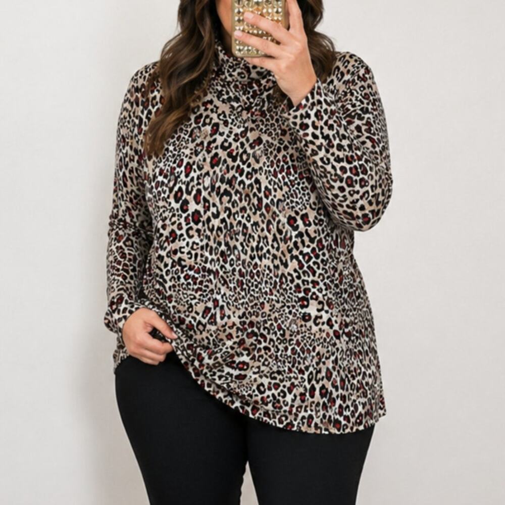 Tahari🌿Leopard Print Turtle Neck Women’s XL Stretch Career Animal Print Top